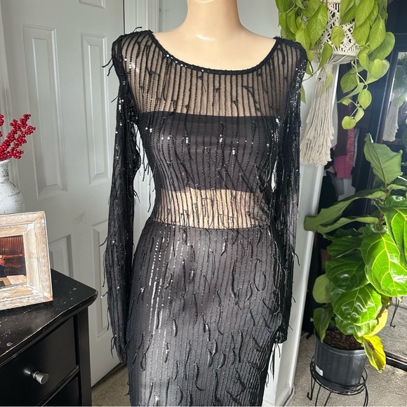 LULU’S SHEER FASCINATION SHEER MESH SEQUIN FRINGE MAXI DRESS - Picture 7 of 16